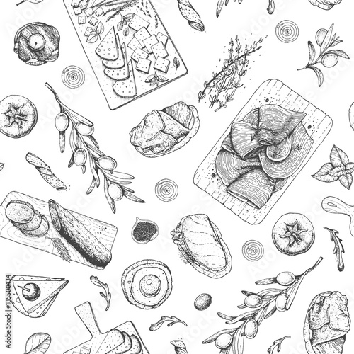 Gourmet snacks seamless pattern. Cheese, sausages, bread hand drawn. Gourmet food menu design template. Engraved style.