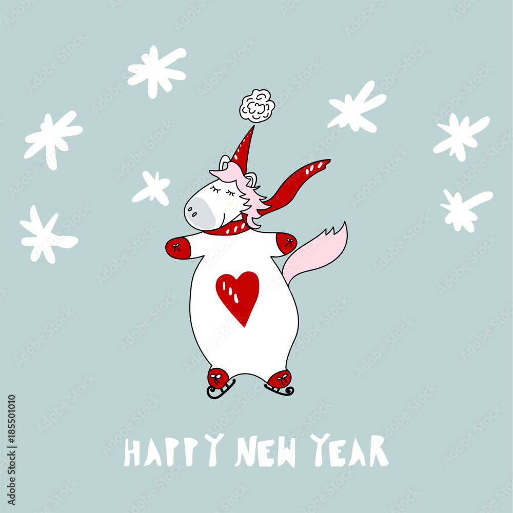 Winter illustration with cute Unicorn on skates. Happy New Year, Merry Christmas cartoon background made in vector. Great for greeting cards, invitations, t shirts, web
