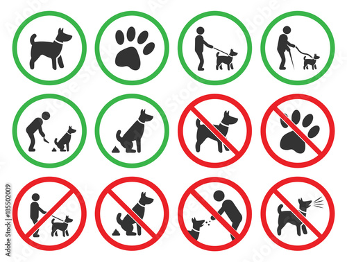 no dogs signs, dogs allowed and prohibited icons