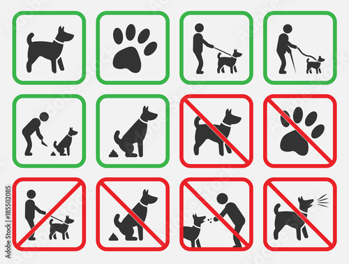 dog friendly and dog restriction signs, dog prohibited icons