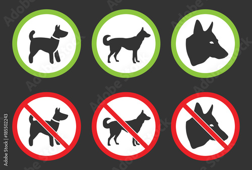 dog friendly and dog restriction signs, dog prohibited icons