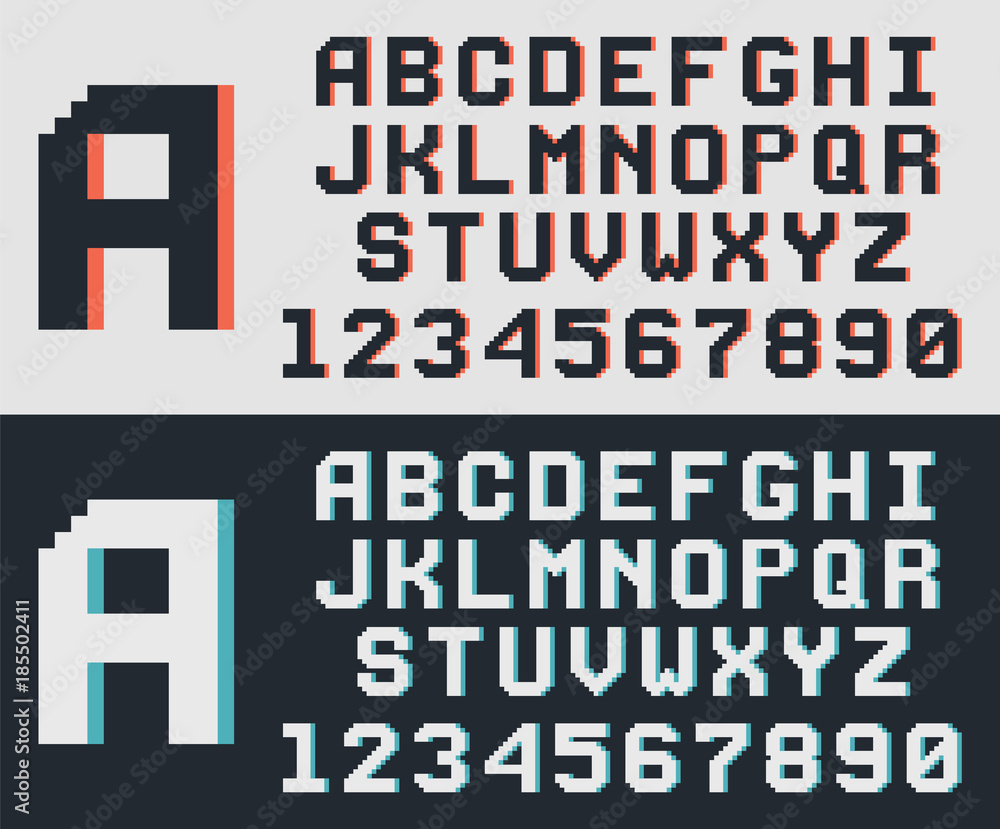 Pixel video game font, retro 8-bit letters and numbers