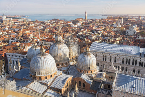 view of the roofs of Venice from the top of the San Marco Campanile in Venice, Italy