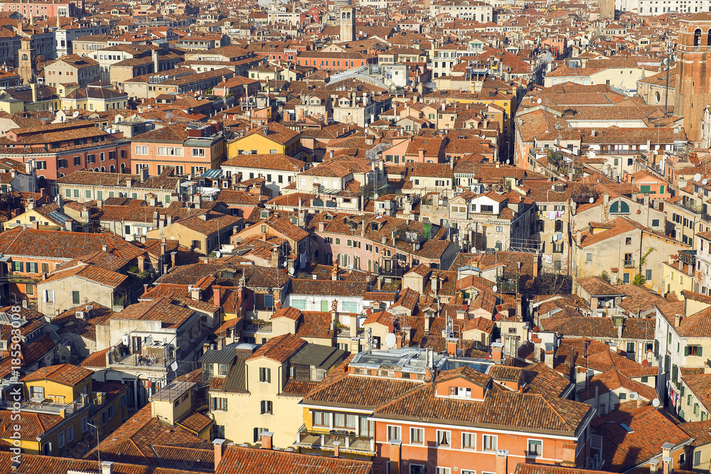view of the roofs of Venice from the top of the  San Marco Campanile in Venice, Italy