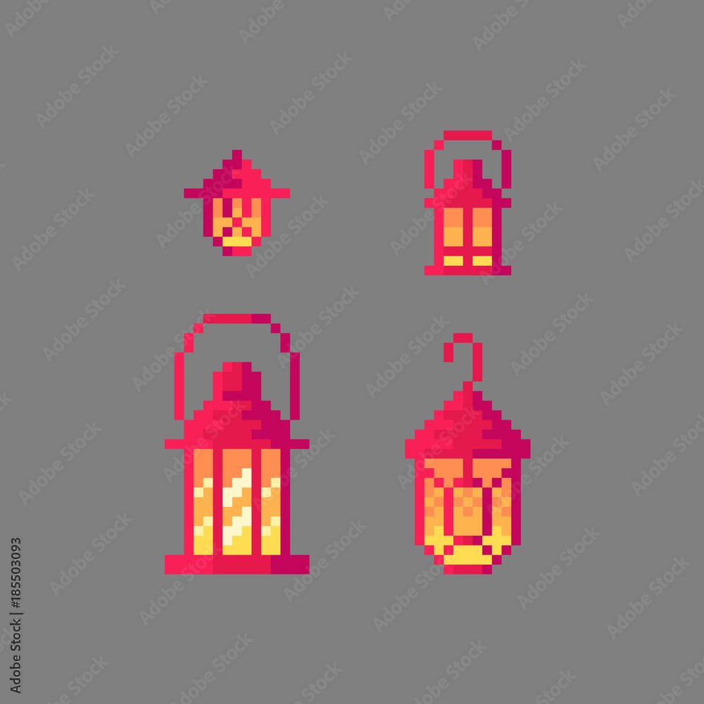 Pixel art vintage lantern set.