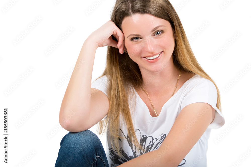 Portrait of a beautiful cheerful young woman on a white background Portrait of a beautiful cheerful young woman on a white background