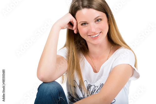 Portrait of a beautiful cheerful young woman on a white background