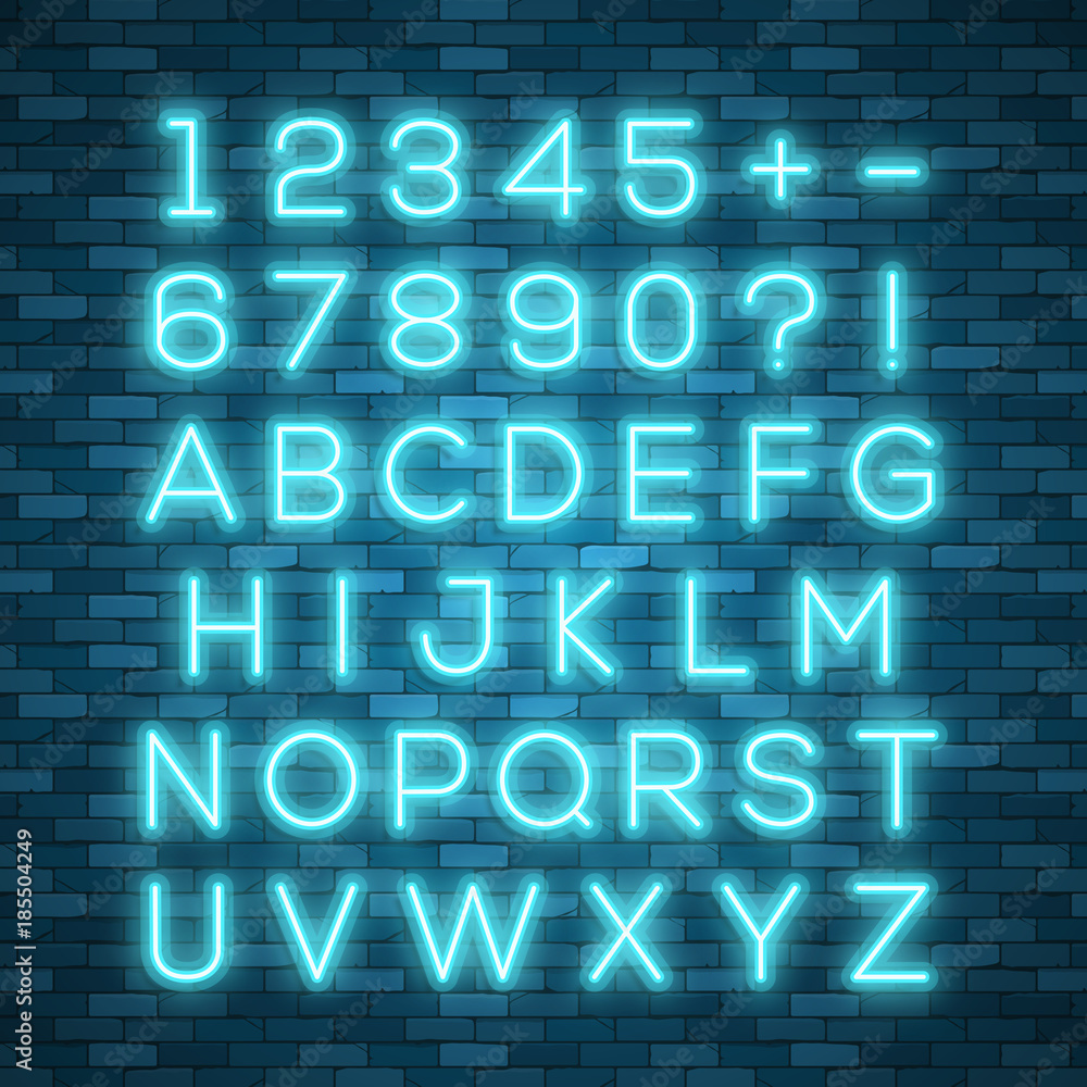 Realistic neon alphabet. Bright neon glowing font Realistic neon alphabet. Bright neon glowing font
