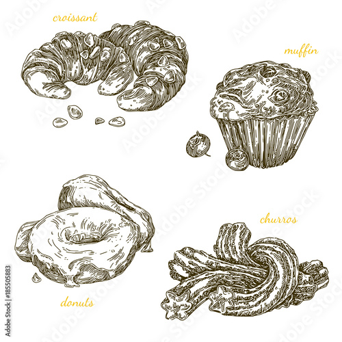 Collection traditional desserts. Donuts, churros, muffin and croissants. Engraving style. Vector illustration.