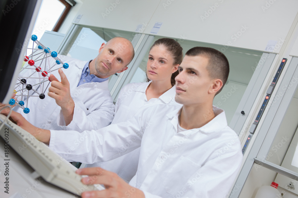 Obraz premium young scientists holding dna model in laboratory