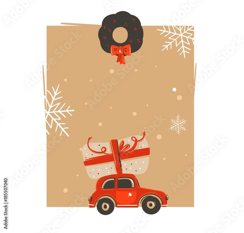 Hand drawn vector abstract Merry Christmas and Happy New Year time vintage cartoon illustrations greeting card tag template with car and surprise christmas box isolated on white background
