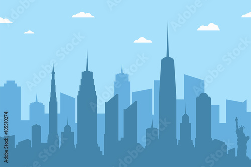 Cityscape silhouette background. Abstract city skyline with skyscrapers and clouds on blue background