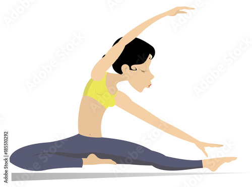 Young woman with lithe figure bends a body isolated on white illustration