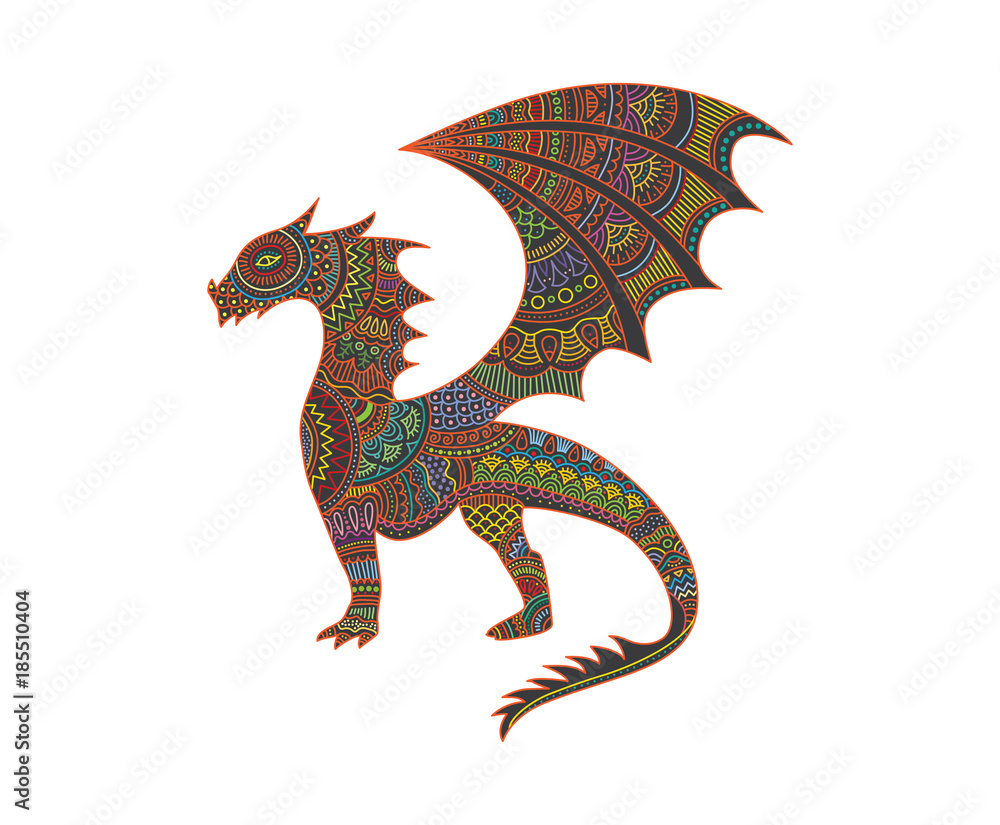 Obraz premium Dragon vector illustration with colorful Mexican style pattern