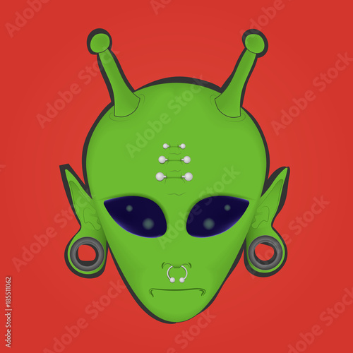 vector illustration of a green alien face with piercings and stretched ears on a red background