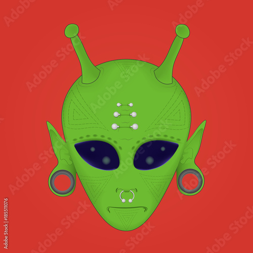 vector illustration of a green alien face geometric tattoos with piercings and stretched ears on a red background