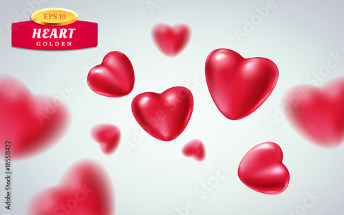 Red realistic hearts isolated on light background. 3d vector illustration of metallic luxury heart shape in different views. Happy Valentines day greeting card or wedding sign. Love, romance theme