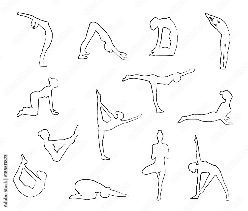 Sketch Yoga Silhouettes in Asanas Stock Vector | Adobe Stock