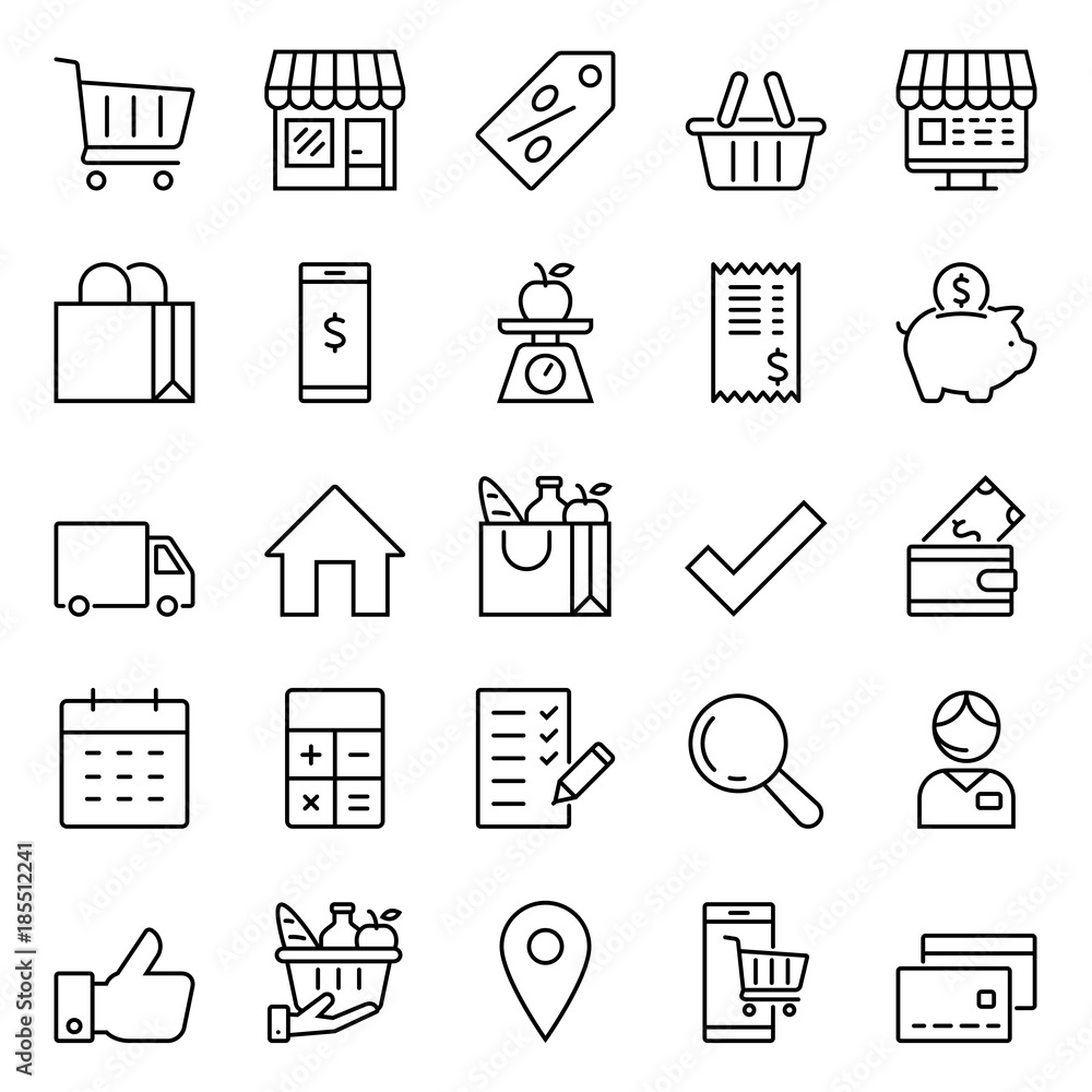 Identify Store Icon Set of icons for stores and supermarkets, linear icons Stock Vector ...