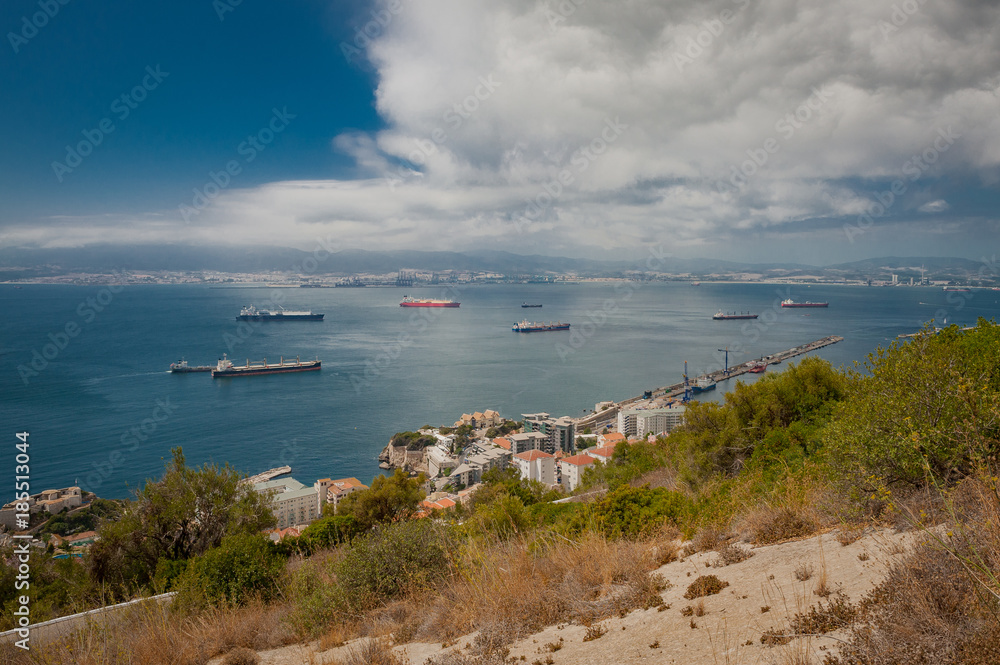 United Kingdom Gibraltar panorama view to the ocean with tankers and ships from high point