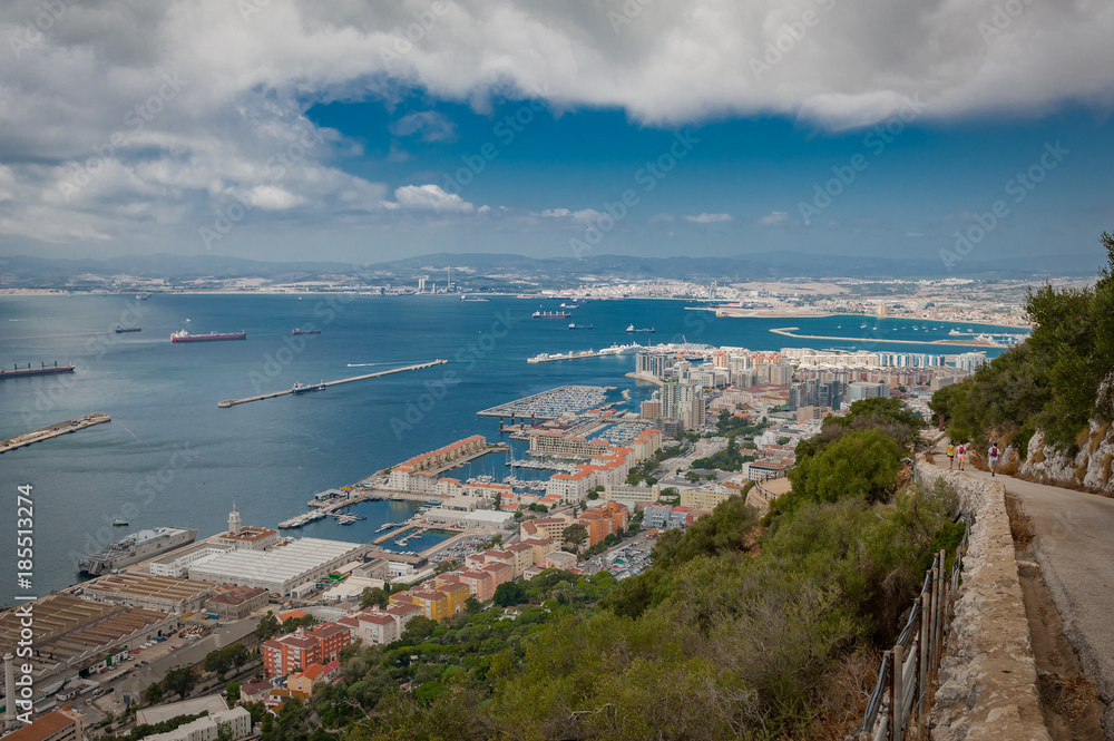 United Kingdom Gibraltar panorama view to the ocean with tankers and ships from high point