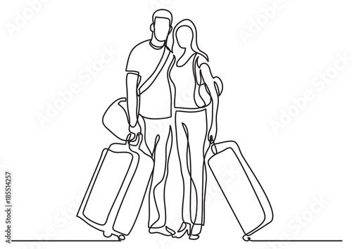 continuous line drawing of traveling couple standing with baggage and luggage