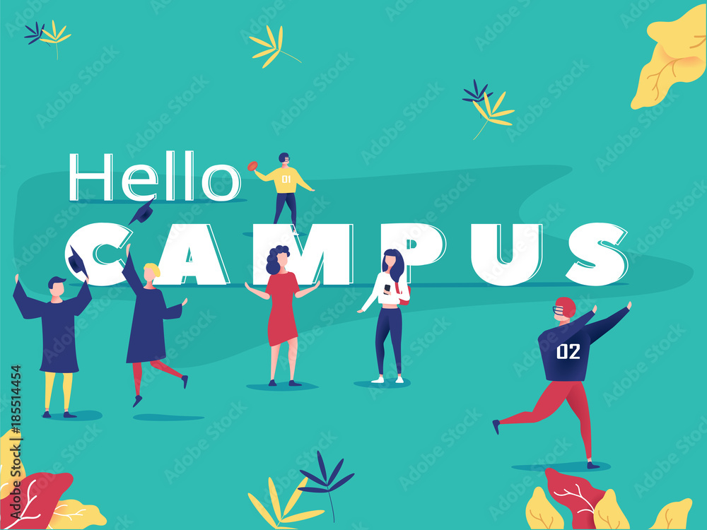 Student characters showing various activities on campus life. Park background poster concept illustration Student characters showing various activities on campus life. Park background poster concept illustration