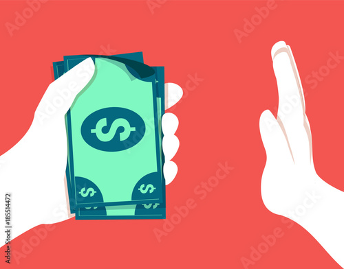 Vector illustration in flat style and red color for stop corruption concept. Hand giving bribe in cash.