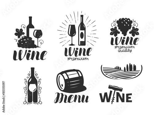 Wine, winery logo. Drink, alcoholic beverage symbol or icon. Lettering vector illustration