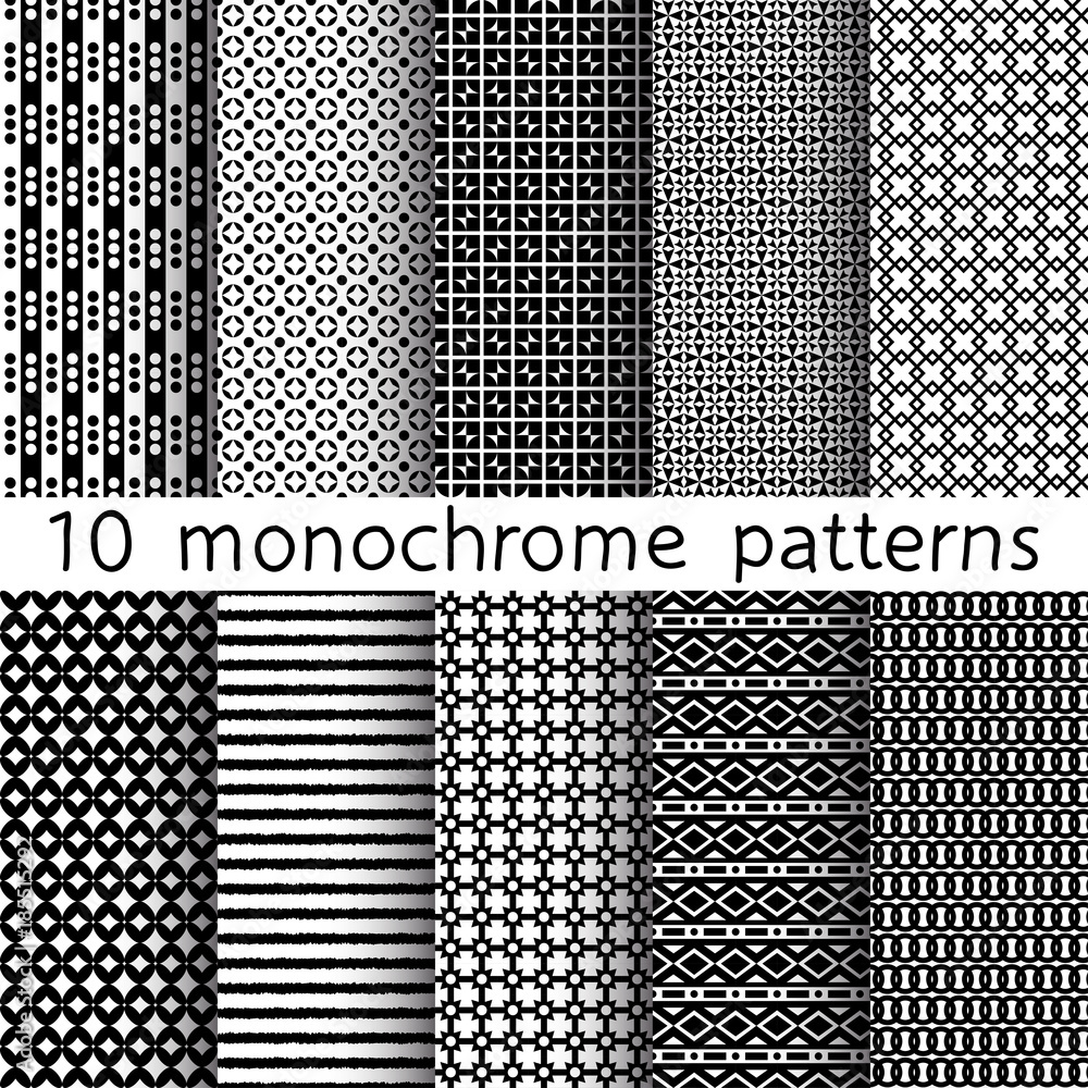Fototapeta premium 10 monochrome seamless patterns for universal background. Black and white colors. Texture for wallpaper, fills, web page background.