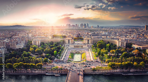 Top view of Paris from the Eiffel Tower at sunset in the evening. Citiscape Paris, France.