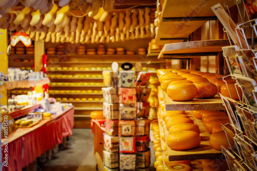 Photography Souvenir shop in Netherlands with cheese and wooden shoes on the shelves