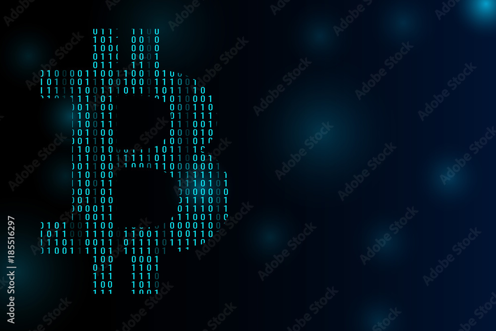 Horizontal banner with bitcoin and dark blue background with binary code and place for your text. Stock vector illustration.