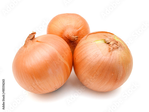 Three onion bulbs isolated on white background