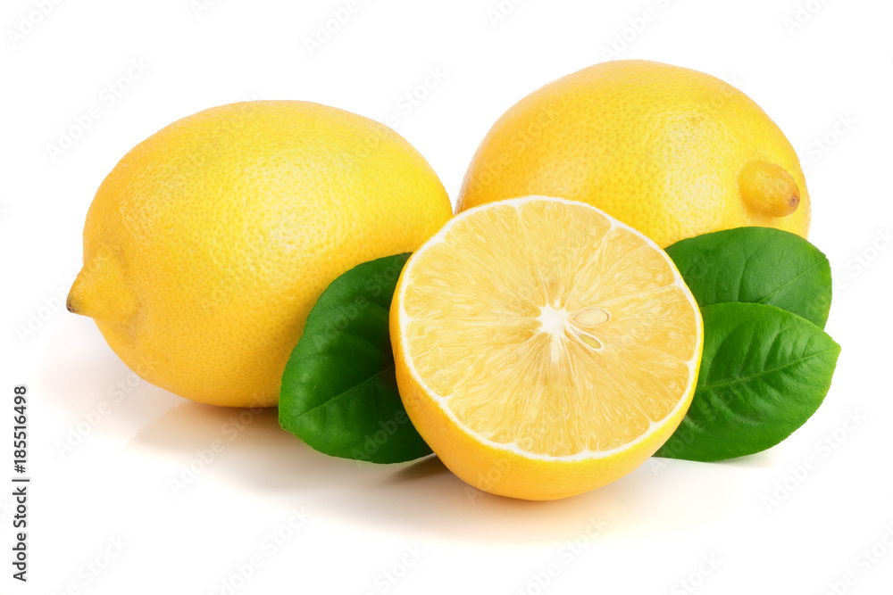 lemon and half with leaf isolated on white background lemon and half with leaf isolated on white background