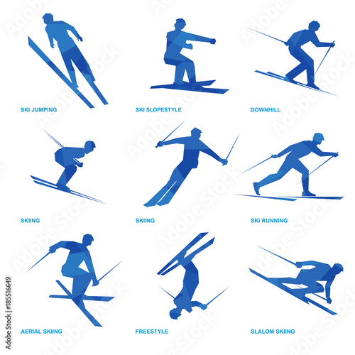 Winter sports icon set. Nine silhouettes of athletes with deep blue pattern. Different kinds of ski - jumping, running, freestyle, slopestyle, acrobatics, slalom.