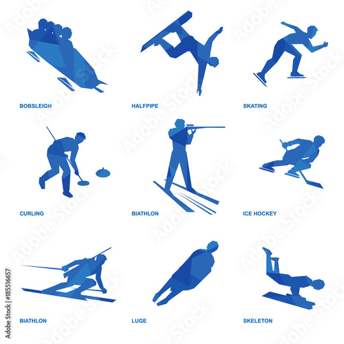 Winter sports icon set. Nine silhouettes of athletes with deep blue pattern: bobsleigh, skating, ice hockey, snowboard, curling, biathlon, skeleton, luge