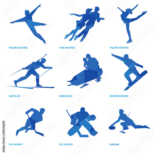 Winter sports icon set. Nine silhouettes of athletes with deep blue pattern: pair and single skating, bobsleigh, ski, ice hockey, snowboard, curling, biathlon