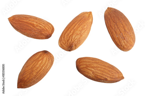 almonds isolated on white background without a shadow close up. Top view