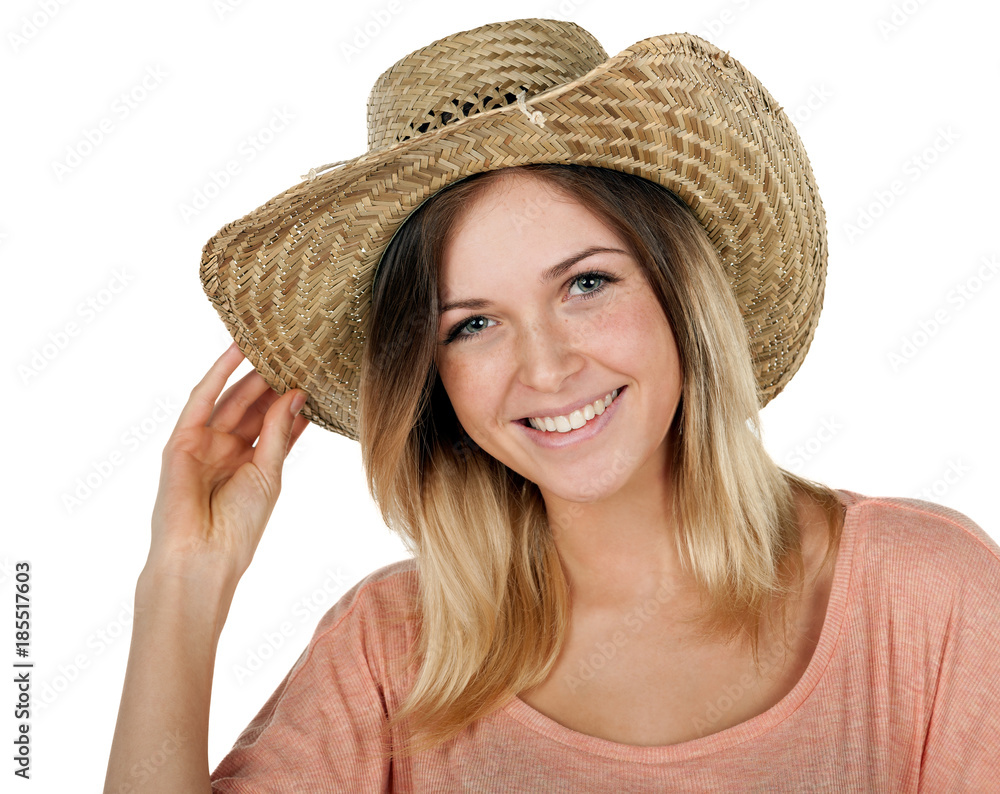 Studio portrait of a cheerful teenager girl wearing straw hat Studio portrait of a cheerful teenager girl wearing straw hat