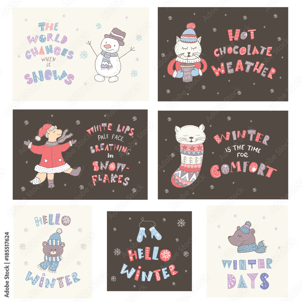 Set of winter postcards with quotes and phrases. Hand drawn lettering with decorative elements. Set of winter postcards with quotes and phrases. Hand drawn lettering with decorative elements.