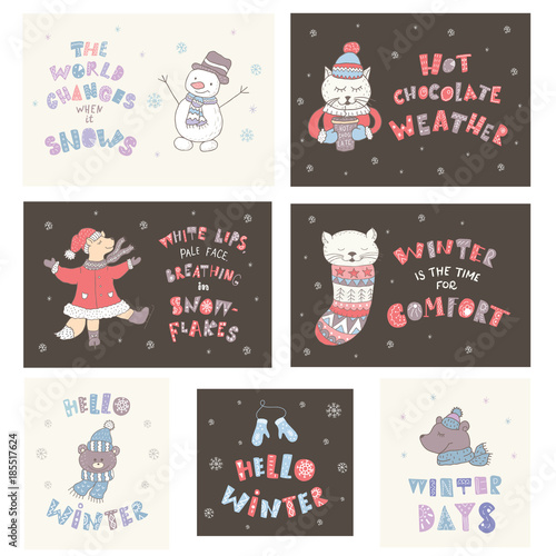 Set of winter postcards with quotes and phrases. Hand drawn lettering with decorative elements.