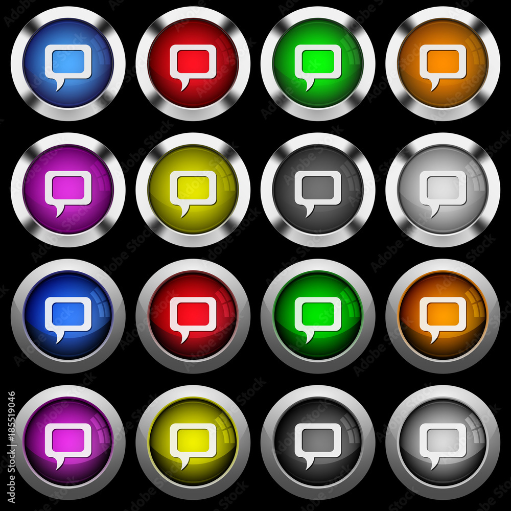 Empty comment bubble white icons in round glossy buttons on black background