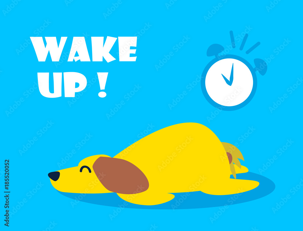 Cartoon card with sleeping dog and alarm clock on blue background. Flat style. Vector.