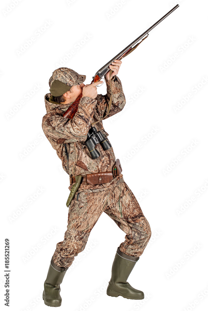male hunter with double barreled shotgun Isolated on white background. hunting and people concept. male hunter with double barreled shotgun Isolated on white background. hunting and people concept.