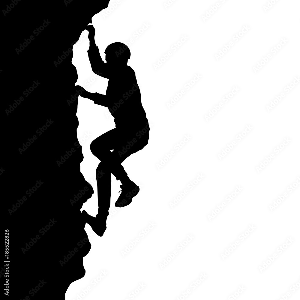 Black silhouette rock climber on white background