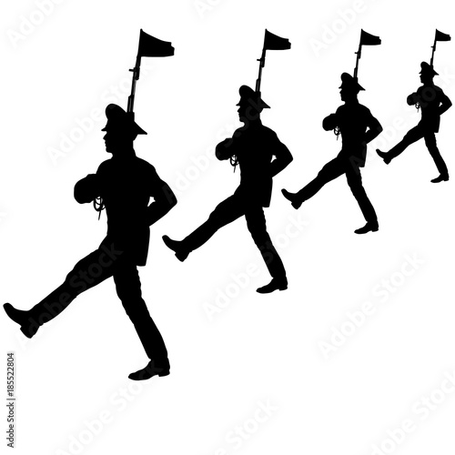 Black silhouette soldier is marching with arms on parade