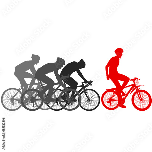 Silhouettes of racers on a bicycle, fight at the finish line