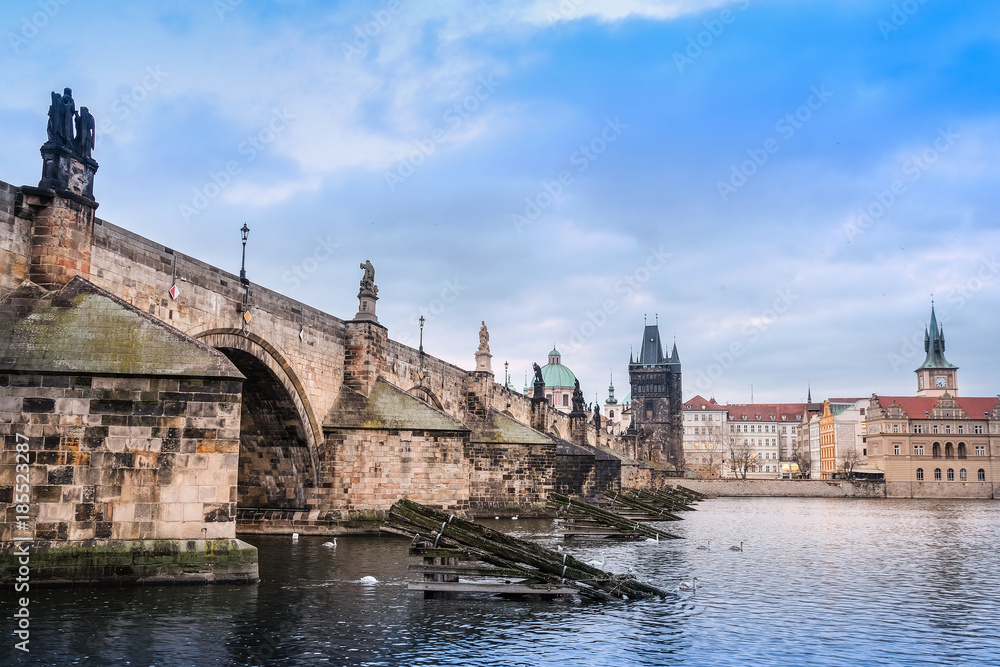 Prague, Czechia - November, 23, 2017: veiw of Prague with Vltava river