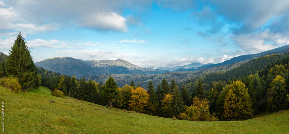 Mountain landscape, autumn sunny morning. Carpathian Mountains, Mizhhiria, Ukraine.